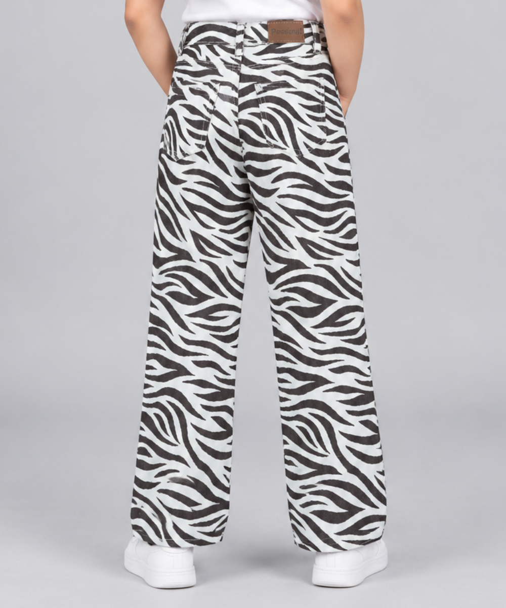 Girls Zebra Print Wide Leg Jeans