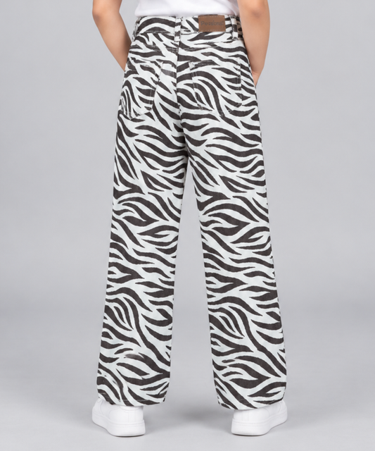 Girls Zebra Print Wide Leg Jeans