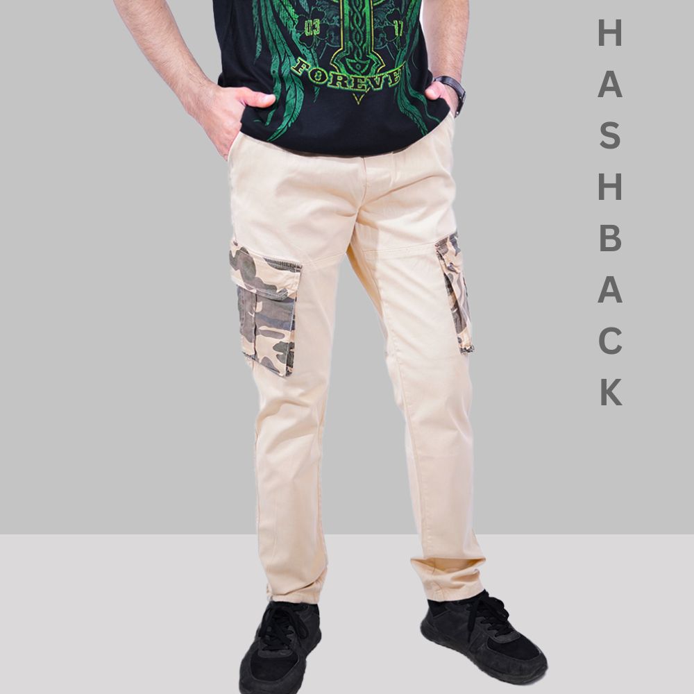 Camo Contrast Cargo Trousers- Beige | Regular Fit