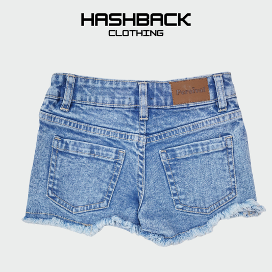 Girls Denim Skirt-Style Shorts - Button Front Frayed Hem