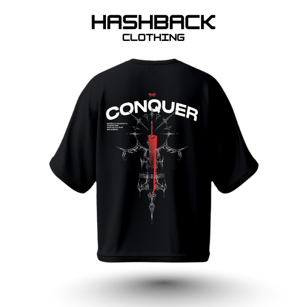 Hashback Drop Shoulder Unisex Conquer T-shirt BLACK