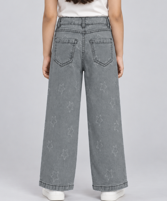 Girls Star Print Wide Leg Jeans