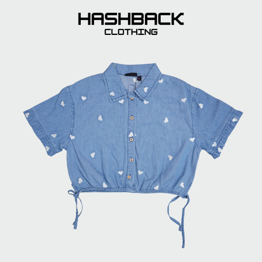 Girls Heart Print Denim Crop Shirt