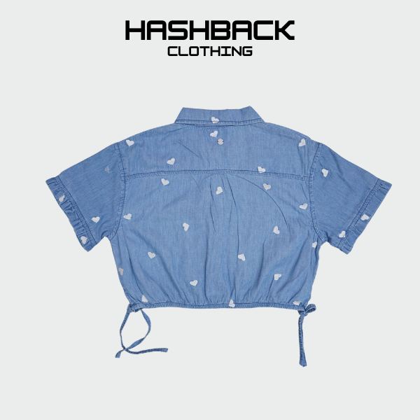 Girls Heart Print Denim Crop Shirt