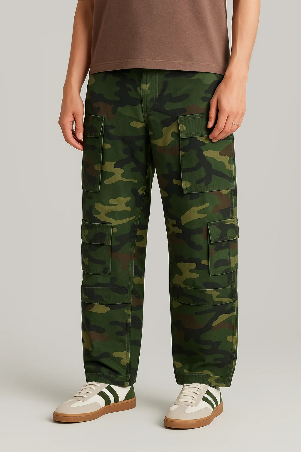Baggy Loose Fit 12 Cargo Pockets Trousers - Green Camo