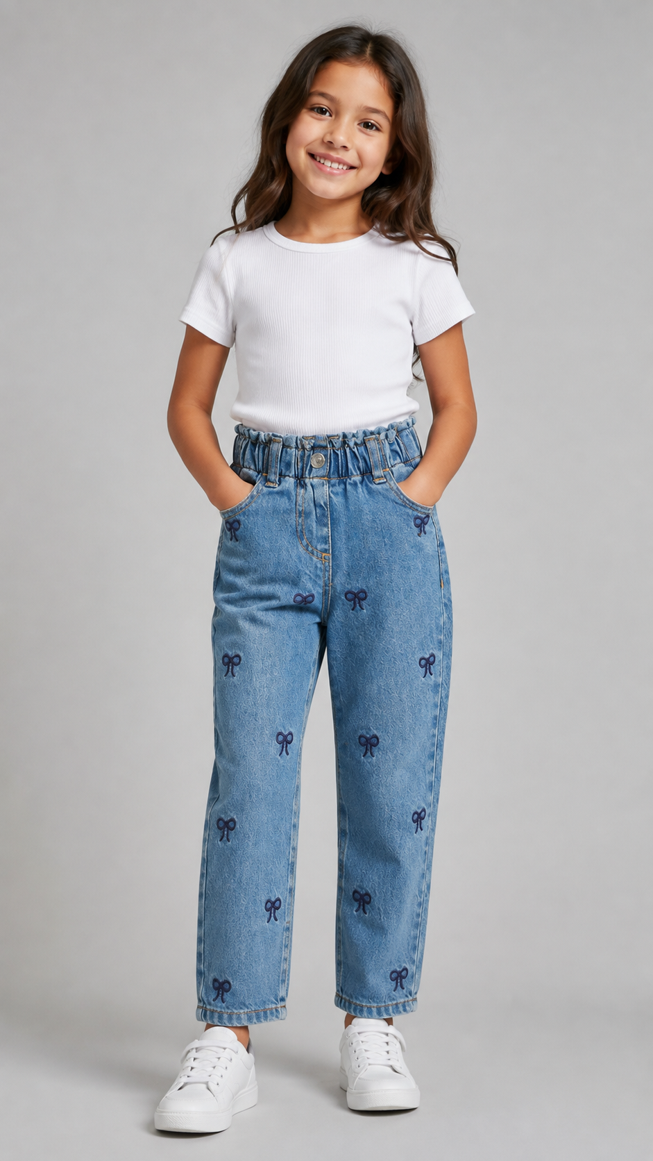 Girls' Bow Embroidered Denim Jeans
