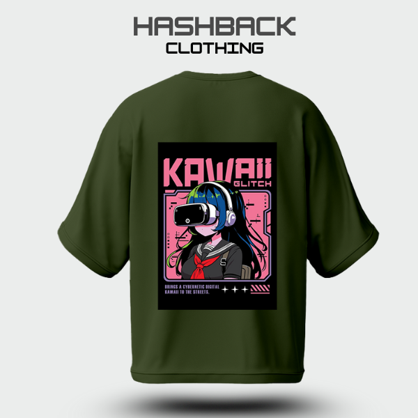 Hashback Aesthetic Graphic Drop Shoulder T-Shirt – Olive Green | Oversized Streetwear Tee for Men & Women