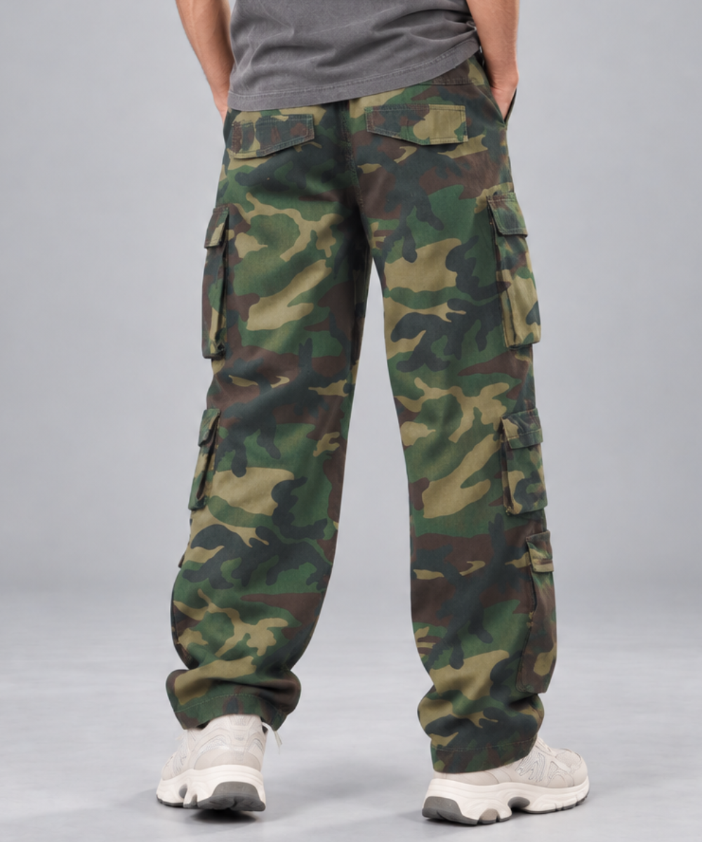 Men's Baggy Cargo Trousers 12 Pockets - Green Camo - AM011