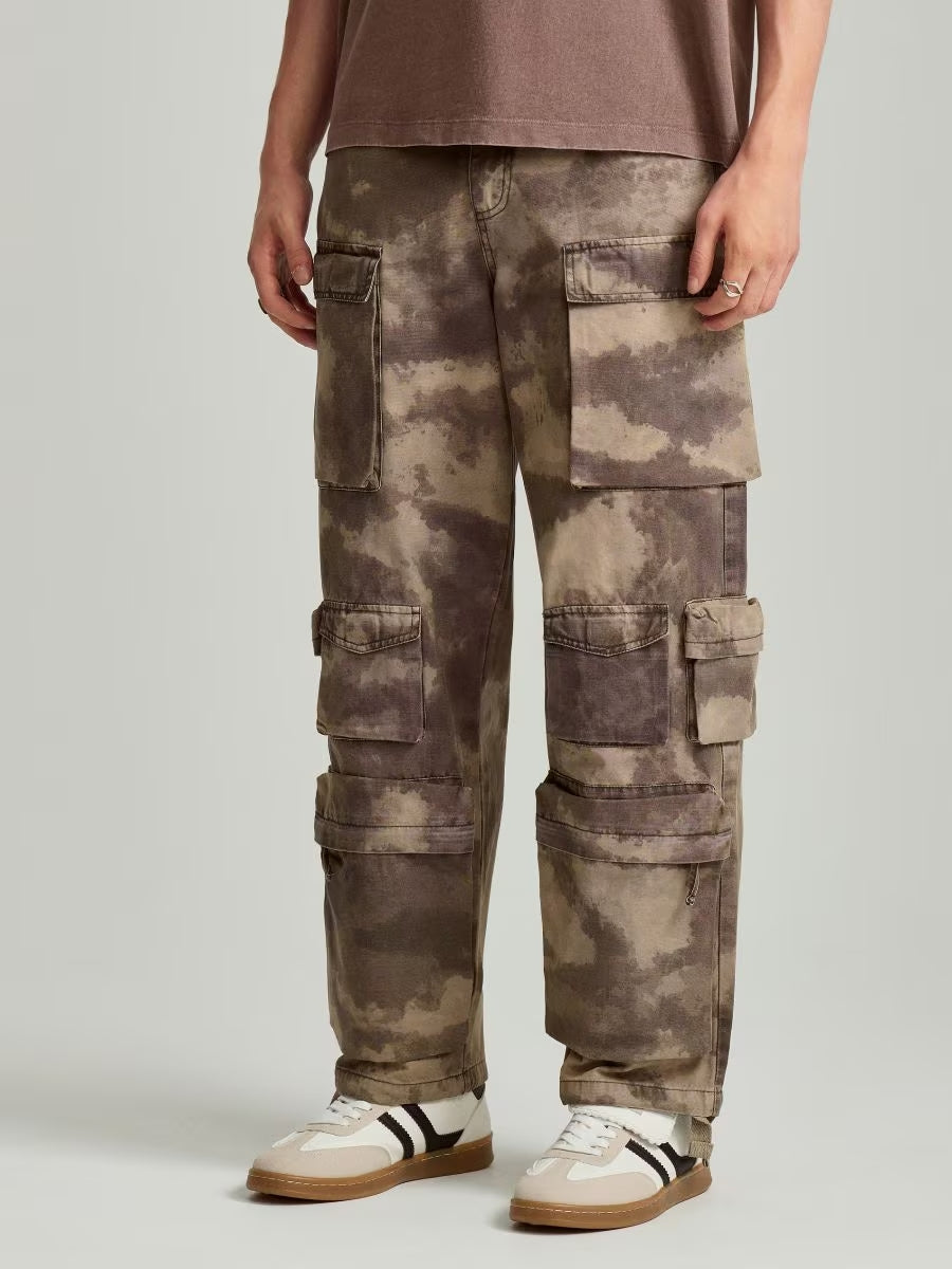Baggy Loose Fit 12 Cargo Pockets Trousers - Beige