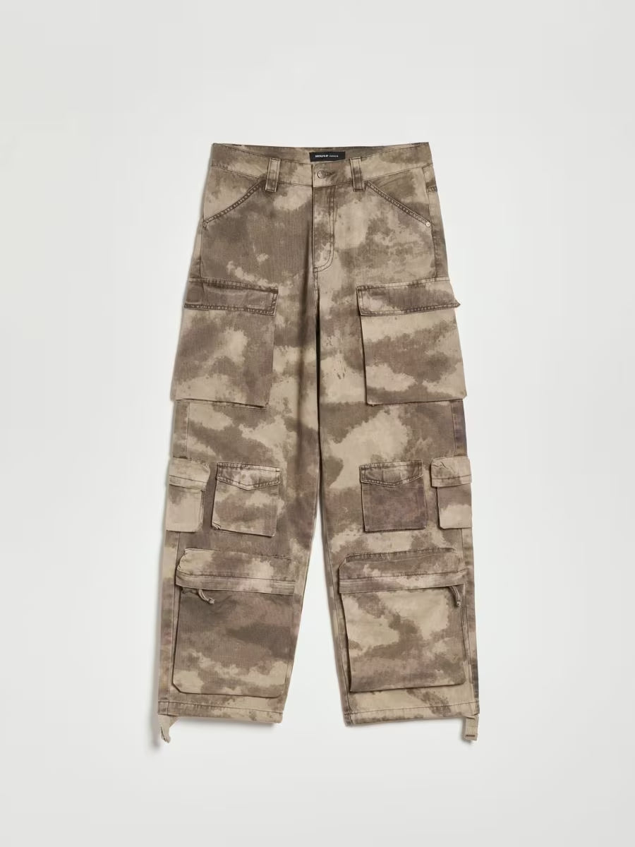 Baggy Loose Fit 12 Cargo Pockets Trousers - Beige