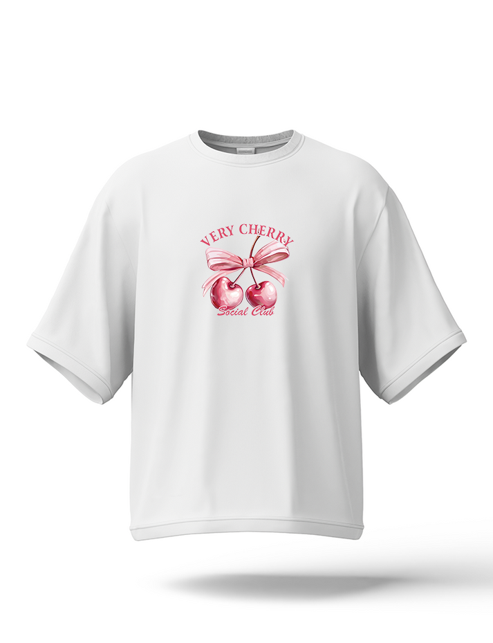 Hashback Cherry Drop Shoulder Tee – White | Oversized Streetwear Tee for Women