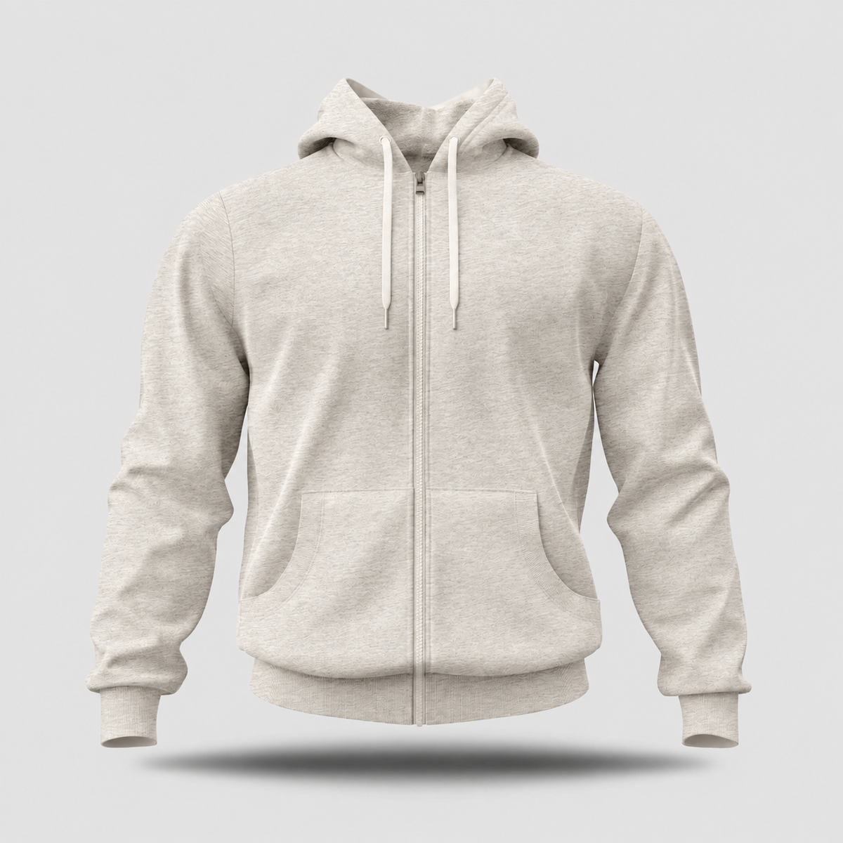 A light heather gray zip-up hoodie with white drawstrings, displayed on a neutral light gray background with a soft drop shadow.