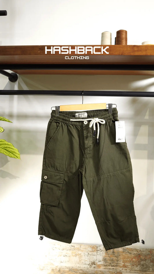 Men's Olive Green Quarter Length Cargo Shorts with Drawstring Waist & Side Pocket – Casual Summer Wear