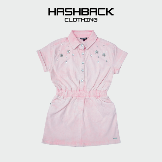 Girls Pink Embellished Shirt Dress