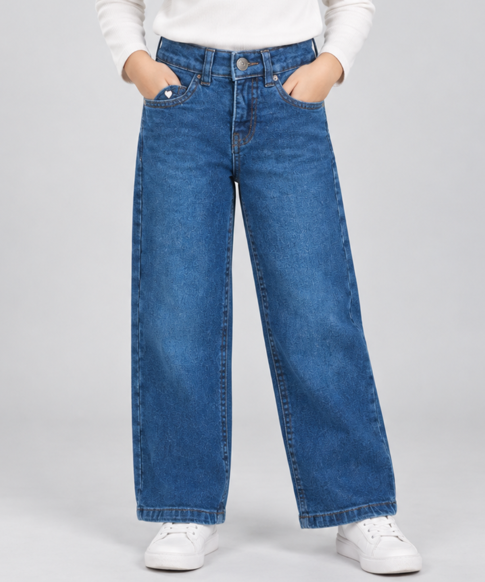 Girls Wide Leg Denim Jeans - Blue Wash Front