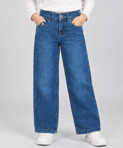 Girls Wide Leg Denim Jeans - Blue Wash Front