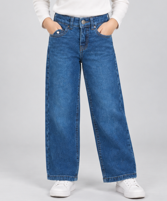 Girls Wide Leg Denim Jeans - Blue Wash Front