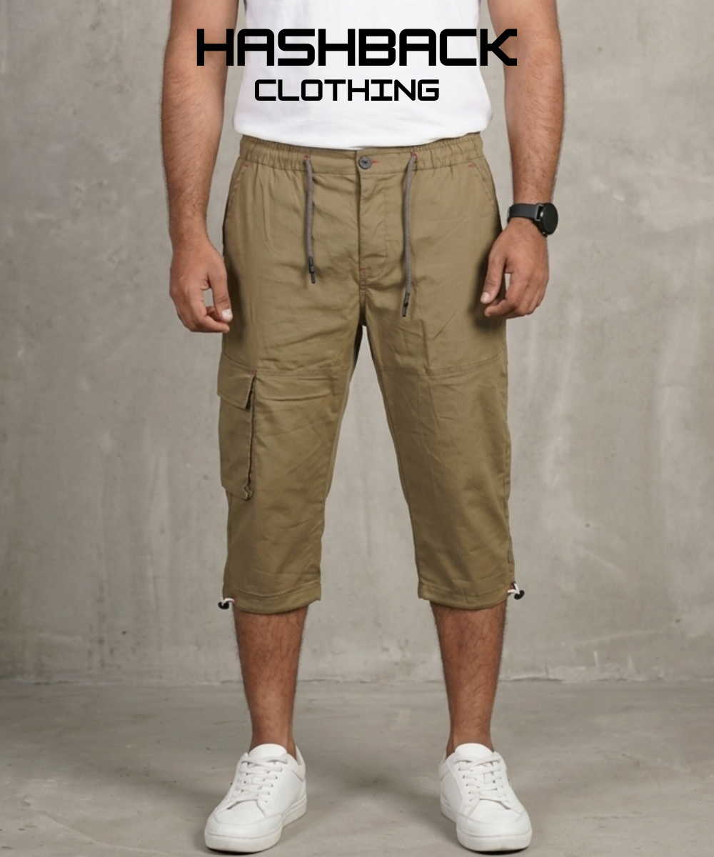 Men's Three Quarter Length Cargo Shorts with Drawstring Waist & Side Pocket – Casual Summer Wear