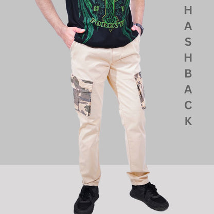 Camo Contrast Cargo Trousers- Beige | Regular Fit