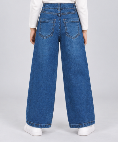 Girls Wide Leg Denim Jeans - Blue Wash Back