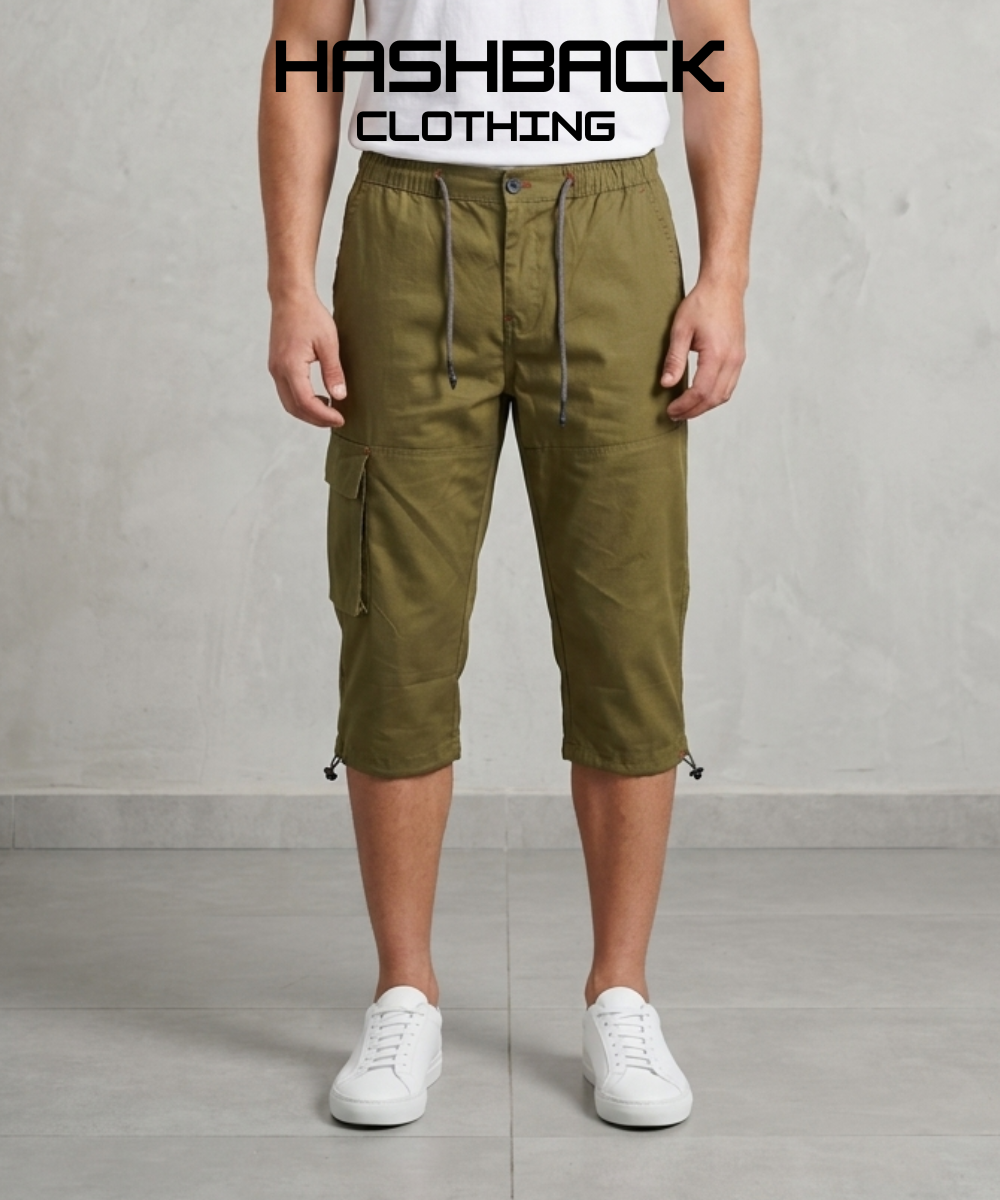 Men's Three Quarter Length Cargo Shorts with Drawstring Waist & Side Pocket – Casual Summer Wear