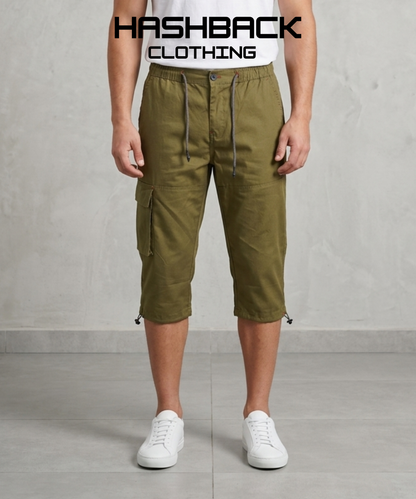 Men's Three Quarter Length Cargo Shorts with Drawstring Waist & Side Pocket – Casual Summer Wear