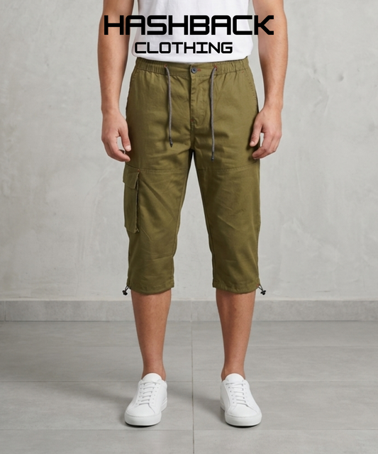 Men's Three Quarter Length Cargo Shorts with Drawstring Waist & Side Pocket – Casual Summer Wear