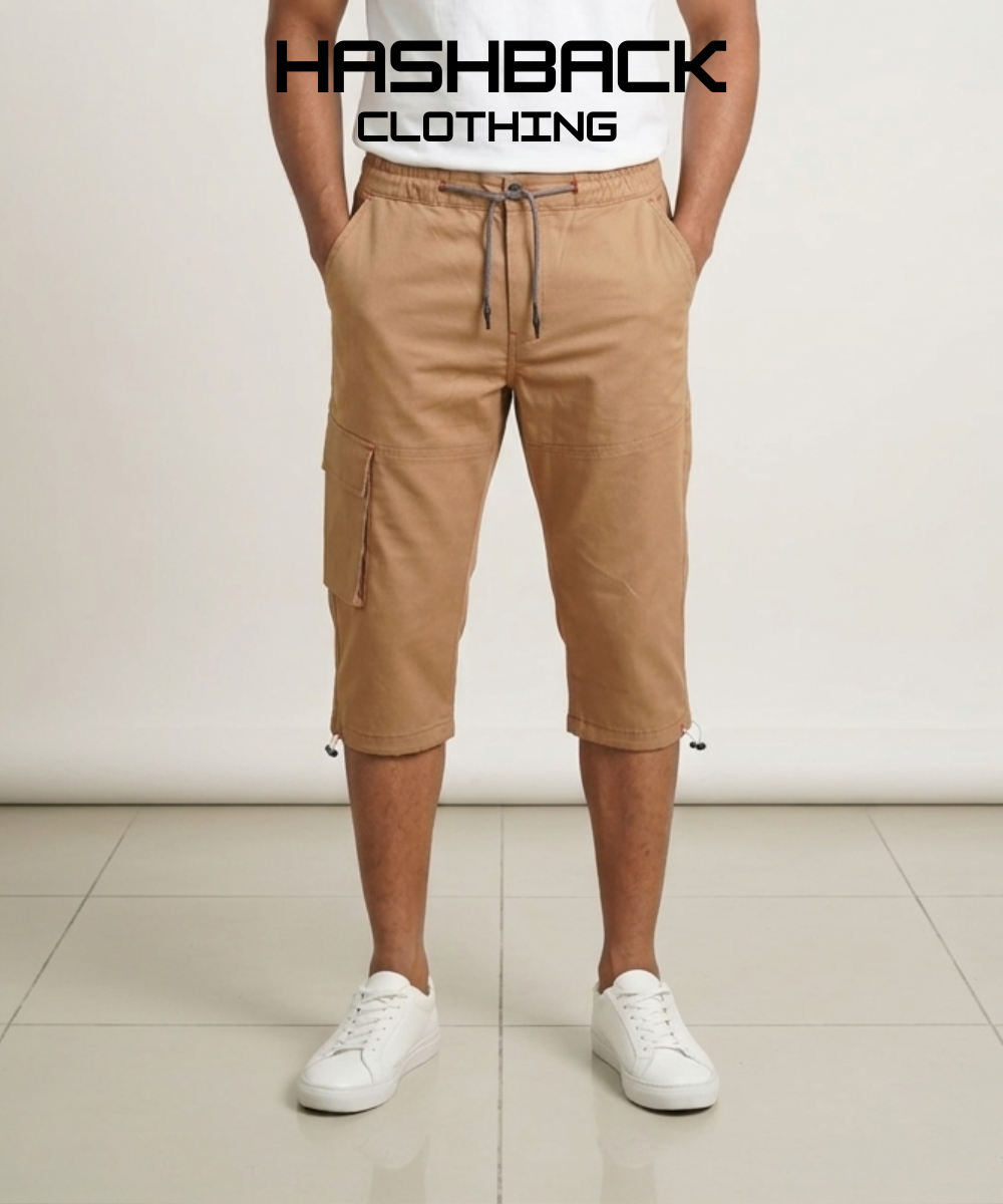 Men's Three Quarter Length Cargo Shorts with Drawstring Waist & Side Pocket – Casual Summer Wear