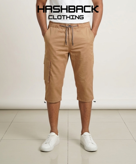 Men's Three Quarter Length Cargo Shorts with Drawstring Waist & Side Pocket – Casual Summer Wear