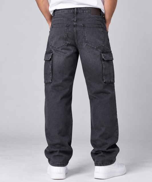 Men's Grey Washed Cargo Denim Jeans