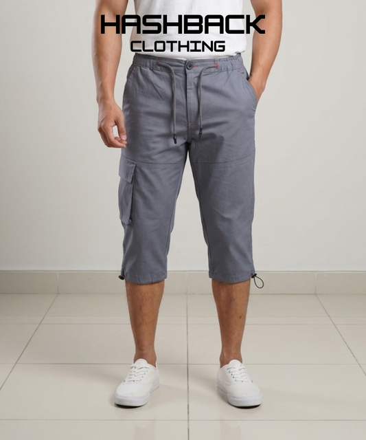 Men's Three Quarter Length Cargo Shorts with Drawstring Waist & Side Pocket – Casual Summer Wear