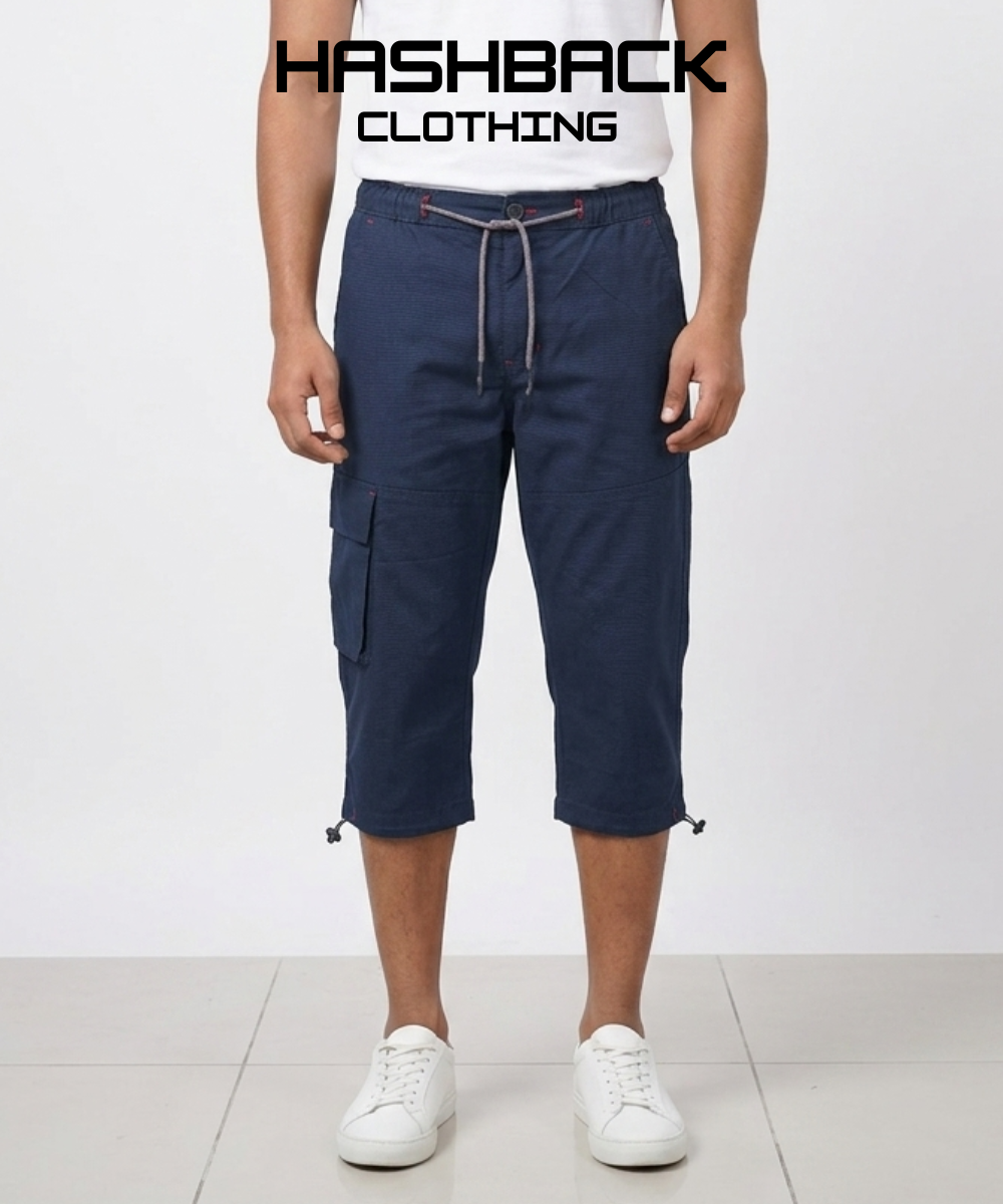 Men's Three Quarter Length Cargo Shorts with Drawstring Waist & Side Pocket – Casual Summer Wear