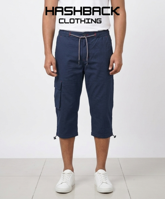 Men's Three Quarter Length Cargo Shorts with Drawstring Waist & Side Pocket – Casual Summer Wear