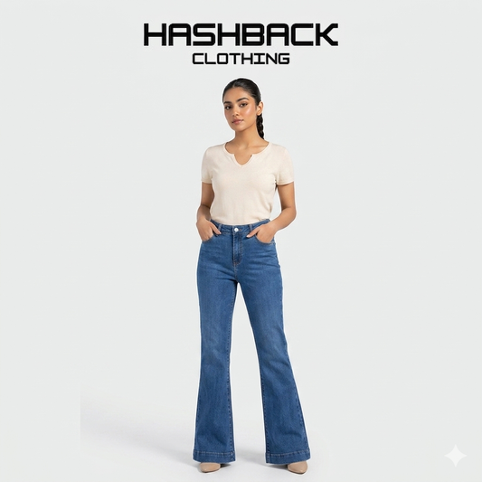 Women's Dark Blue Flared Jeans - Mid Rise