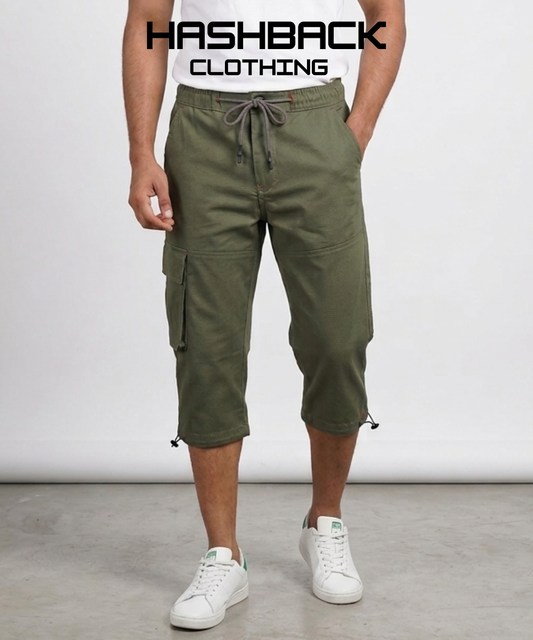 Men's Three Quarter Length Cargo Shorts with Drawstring Waist & Side Pocket – Casual Summer Wear