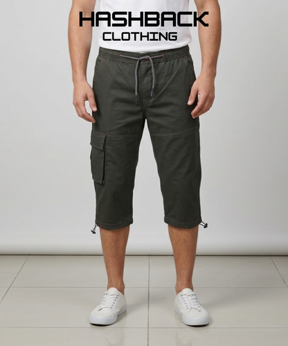 Men's Three Quarter Length Cargo Shorts with Drawstring Waist & Side Pocket – Casual Summer Wear