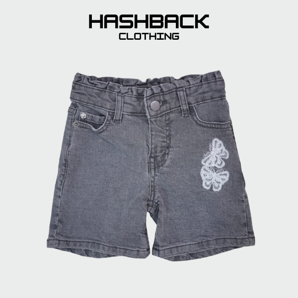 Girls Grey Denim Shorts with Butterfly Embroidery