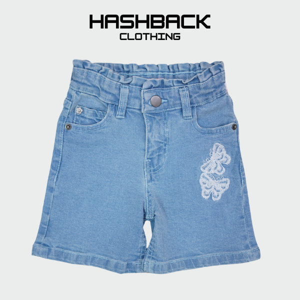 Girls Grey Denim Shorts with Butterfly Embroidery