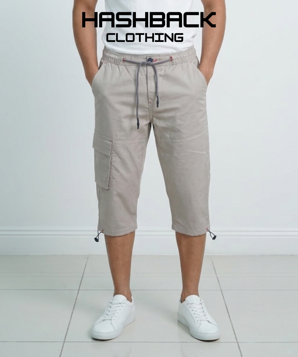 Men's Three Quarter Length Cargo Shorts with Drawstring Waist & Side Pocket – Casual Summer Wear