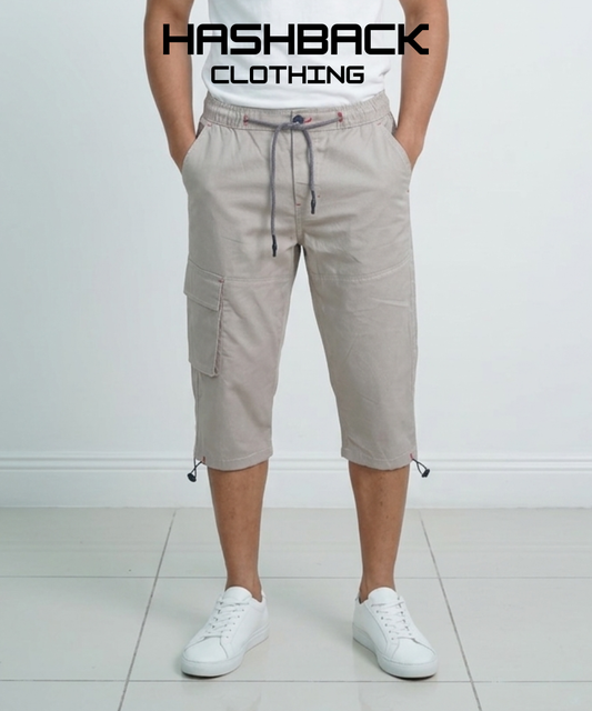 Men's Three Quarter Length Cargo Shorts with Drawstring Waist & Side Pocket – Casual Summer Wear