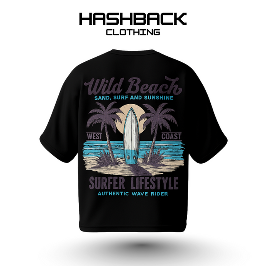 Hashback Drop Shoulder Unisex Wild Beach T-shirt BLACK