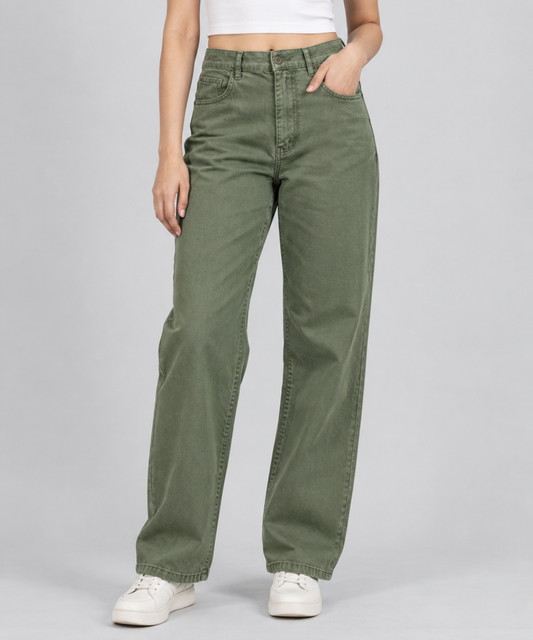 Women’s Olive Green Straight-Leg Denim Pants
