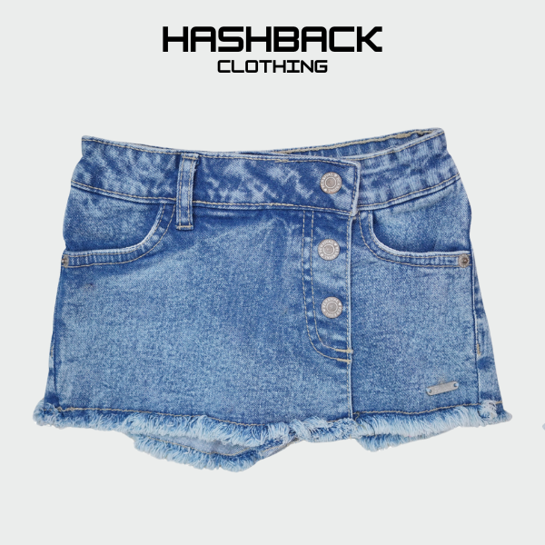 Girls Denim Skirt-Style Shorts - Button Front Frayed Hem