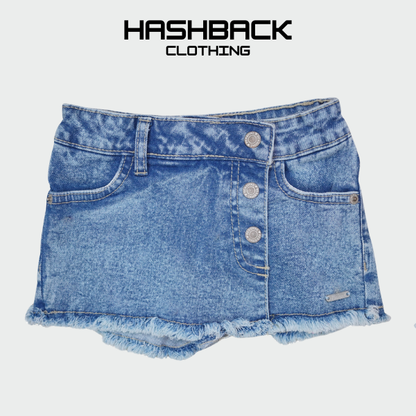 Girls Denim Skirt-Style Shorts - Button Front Frayed Hem