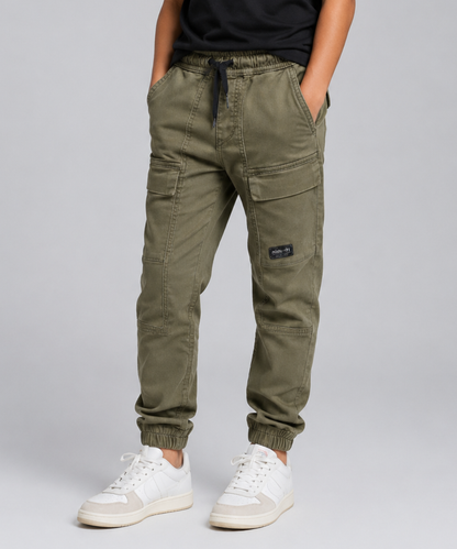 Boys cargo jogger trousers olive model front view