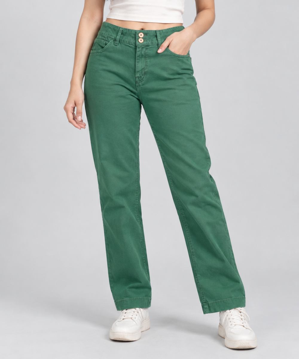 Women’s Green Double-Button Denim Pants
