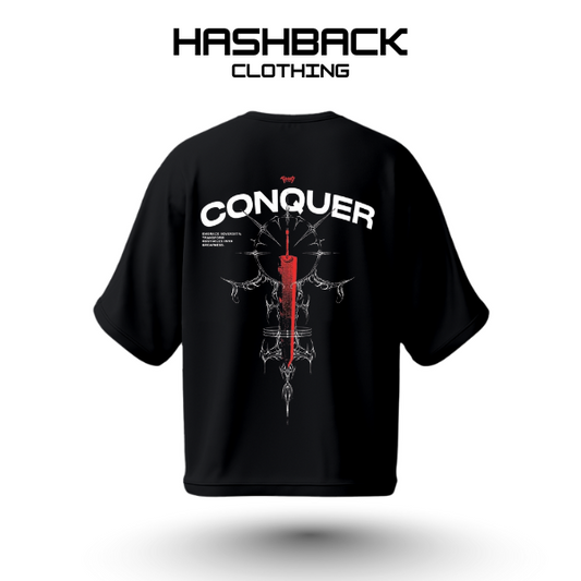 Hashback Drop Shoulder Unisex Conquer T-shirt BLACK