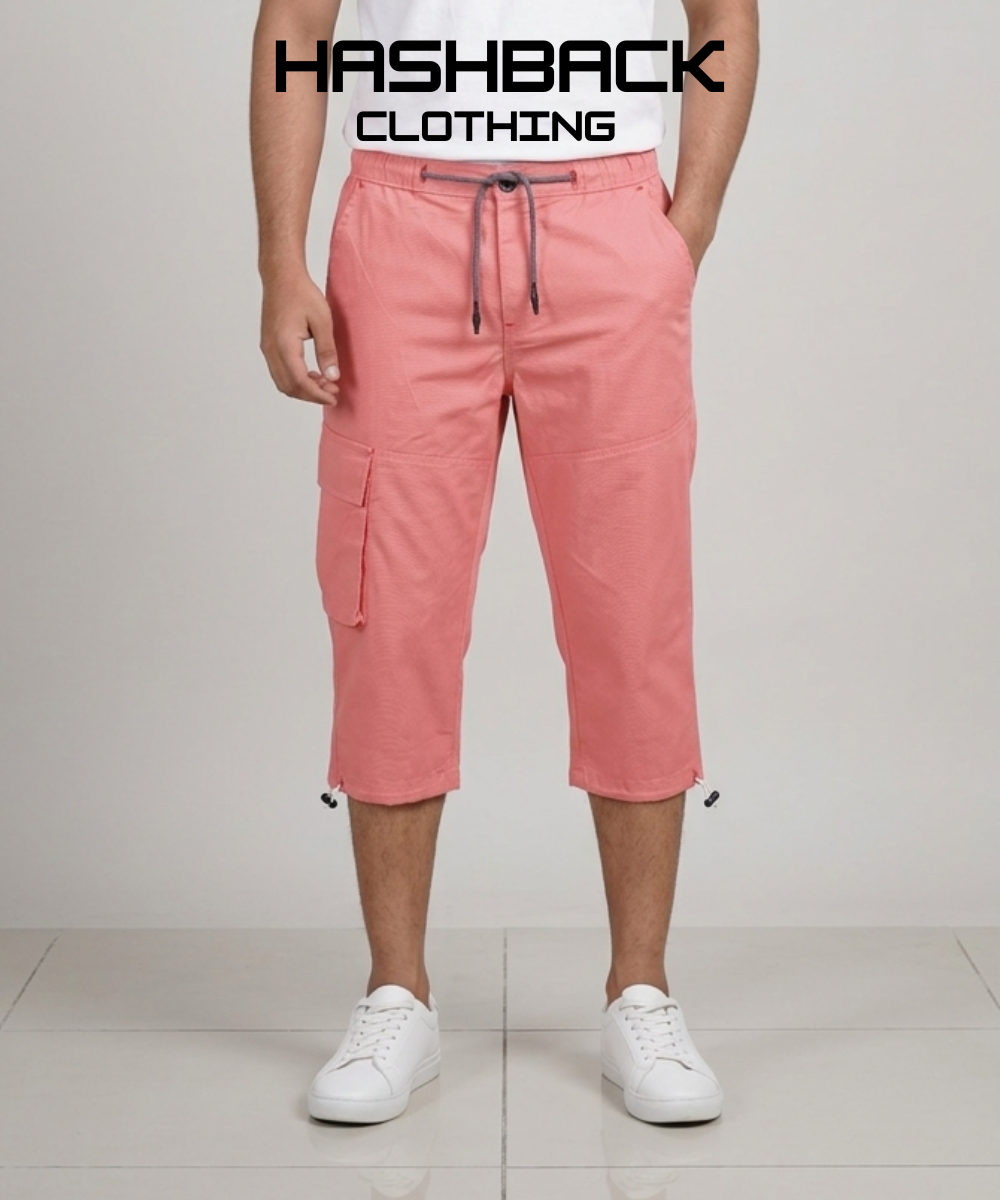 Men's Three Quarter Length Cargo Shorts with Drawstring Waist & Side Pocket – Casual Summer Wear