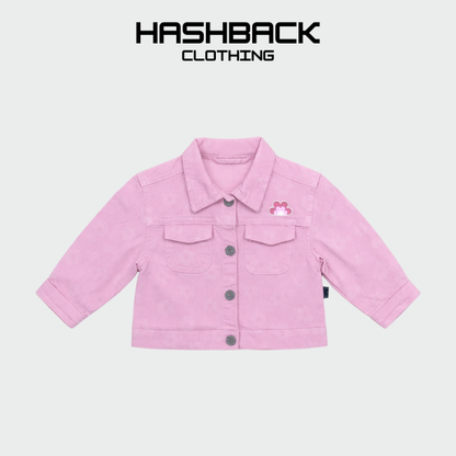 Girls Flower Print Pink Denim Jacket - Kids Cotton Jacket
