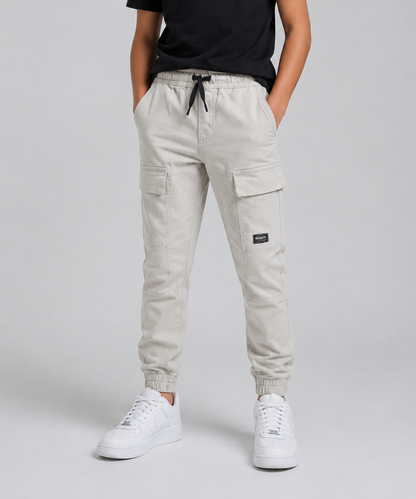 Boys cargo jogger trousers beige model front view